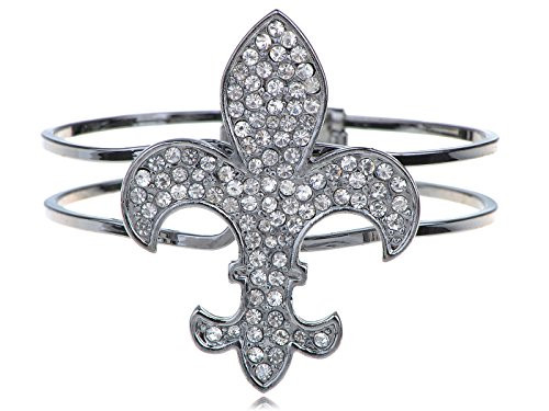 Alilang Clear Crystal Rhinestone Studded Fleur De Lis Cuff On Silvery Bracelet Bangle Alilang Clear Crystal Rhinestone Studded Fleur De Lis Cuff On Silvery Bracelet Bangle