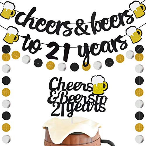 21 Years Anniversary Decorations - Cheers  and  Beers to 21 Years Banner with 21th Years Old Cake Topper Black Glittery Circle Dots Garland for 21th Birthday Wedding Party Supplies Decorations - PRESTRUNG