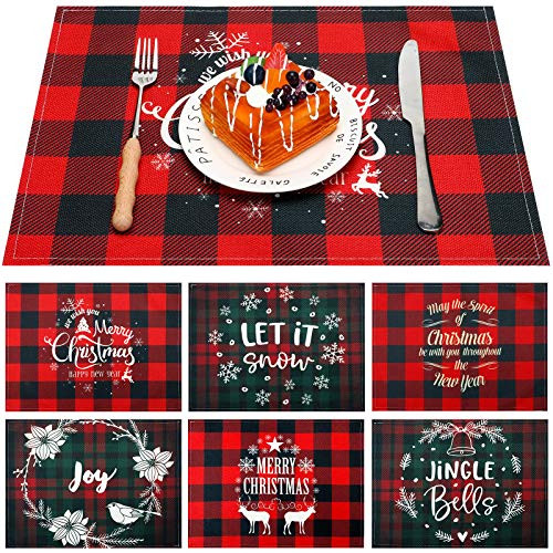 6 Pieces Merry Christmas Placemats Buffalo Plaid Placemats Washable Snowflake Table Mats Winter Holiday Table Mats for Winter Christmas Holiday Table Decorations