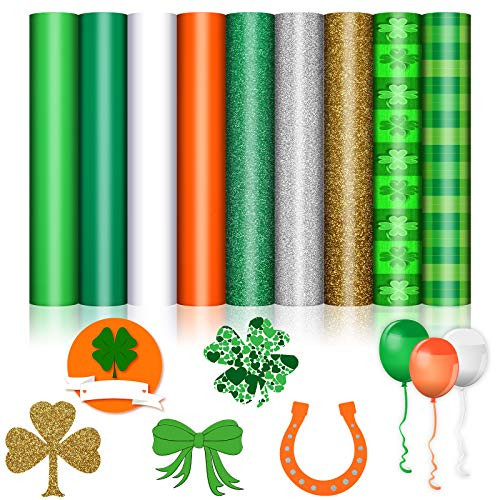 9 Sheets St Patricks Day Heat Transfer Vinyls Iron-on Green Plaid Vinyls Glitter Themed Pattern HTV Sheets Shamrock Print Transfer Vinyl for Clothes Bag Hat 12 x 10 Inch White and Glitter Silver 9 Sheets St Patricks Day Heat Transfer Vinyls Iron-on Green Plaid Vinyls Glitter Themed Pattern HTV Sheets Shamrock Print Transfer Vinyl for Clothes Bag Hat 12 x 10 Inch White and Glitter Silver