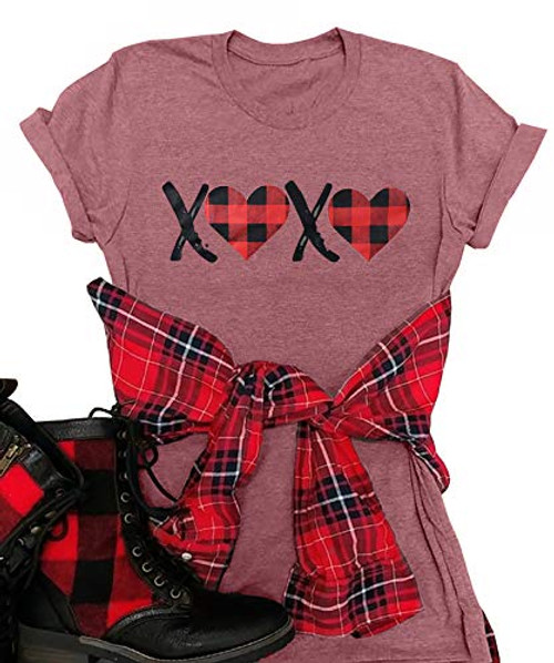 Plaid Heart Graphic T-Shirts Womens Valentines Day Short Sleeve Tees Tops for Wife Gift M Pink