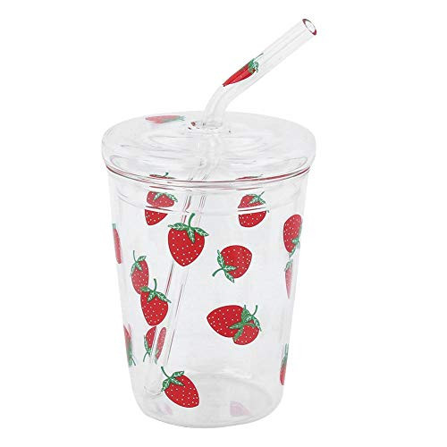 HERCHR 300ml Water Glass Cup with Straw Lid Heat-Resisting Clear Strawberry Pattern Clear Bottle for Juice Coffee Milk Drinking