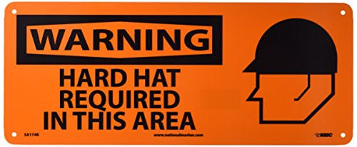 NMC SA174R Graphic OSHA Safety Sign, Legend "WARNING - HARD HAT REQUIRED IN THIS AREA" with Graphic, 17" Length x 7" Height, Rigid Plastic, Black on Orange
