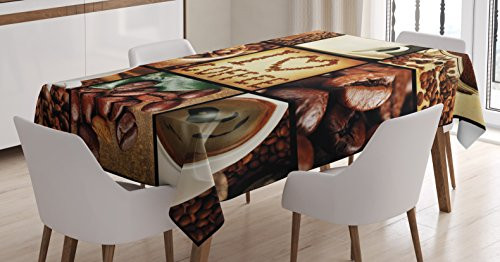 Ambesonne Brown Tablecloth by, I Love Coffee Theme Collage Roasted Beans Brewing Machines and Cups Aromatic Drink, Dining Room Kitchen Rectangular Table Cover, 52W X 70L Inches, Brown White