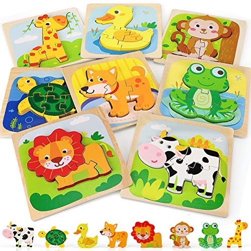 TOY Life 8 Pack Wooden Puzzles for Toddlers - Animal Shape Montessori Toy - Jigsaw Puzzles with 8 Animal Shape - Early Learning Preschool Educational Toys Gifts for 1 2 3 Years Old Toddlers