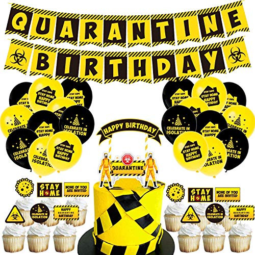 48PCS Quarantine Birthday Party Decorations Including Quarantine Birthday Banner Balloons Cupcake Toppers for Quarantine Party Stay at Home Birthday Decor Social Distancing Party Decor