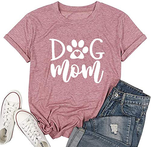 YUYUEYUE Dog Mom T Shirt Womens Casual Letter Print Short Sleeve Tops Tee Medium Pink