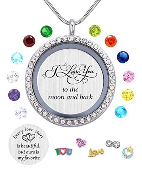 Best Gift for Mom  and  Grandma Memory Floating Locket Pendant Necklace with Birthstones  and  Charms - I Love You To The Moon And Back Best Gift for Mom  and  Grandma Memory Floating Locket Pendant Necklace with Birthstones  and  Charms - I Love You To The Moon And Back