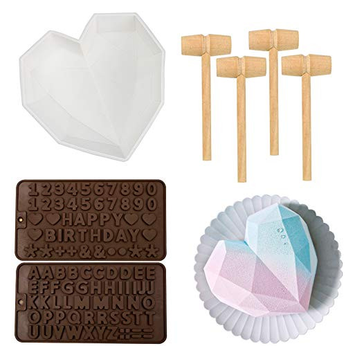 FOVERN1 Diamond Heart Mousse Cake Mold Silicone Letter Mold and Number Chocolate Mold with 4Pieces Mini Wooden Hammers for Home Kitchen DIY Tools FOVERN1 Diamond Heart Mousse Cake Mold Silicone Letter Mold and Number Chocolate Mold with 4Pieces Mini Wooden Hammers for Home Kitchen DIY Tools