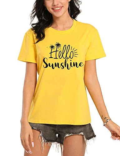 YUYUEYUE Hello Sunshine Letters Print T Shirt Women Funny Graphic Summer Short Sleeve Casual Top Tees Blouse Large Yellow