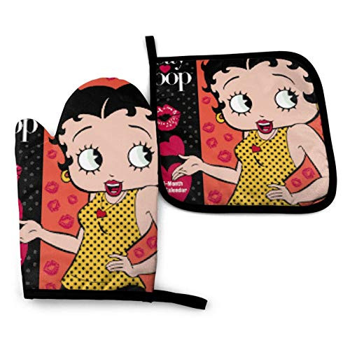 NYF Betty Boop Quilted Cotton Pot Holders with Finger Position Pocket Heat Resistant Oven Mitts for Cooking Or Baking