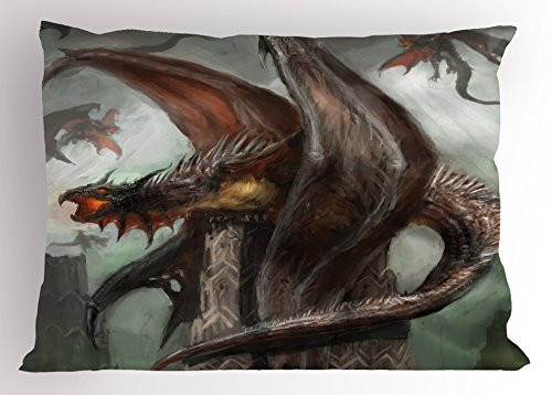 Lunarable Fantasy World Pillow Sham Mythical Dragons Fire-Spewing Reptilian Serpent Beast Animal Monster Decorative Standard Size Printed Pillowcase 26 X 20 Brown Teal