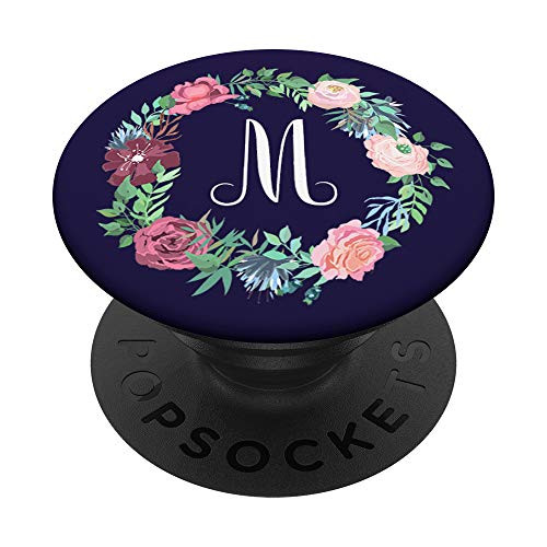 Blue Monogram with Letter M PopSocket Floral Initial M Gift PopSockets Grip and Stand for Phones and Tablets