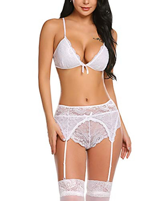ADOME Women Lace Lingerie Set with Garter Belts Strap Babydoll V Neck Bodysuit XXL 1Style 1-White