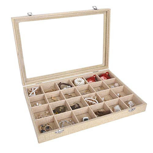 AUTOARK Sackcloth Clear Lid 24 Grid Jewelry Tray Showcase Display OrganizerAJ-112