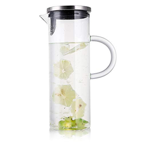 Cedilis 50 OZ Glass Pitcher with Stainless Lid and Handle Glass Water Carafe Beverage Bottles Iced Tea Pitcher for Hot Cold Water Ice Lemon Tea and Juice