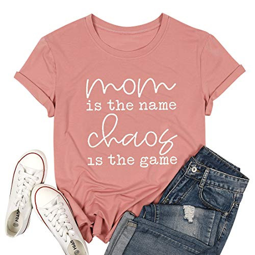 EGELEXY Mom Life T Shirt Women Funny Letter Print Mama Vacation Tops Tees Casual Short Sleeve Shirts Pink Medium