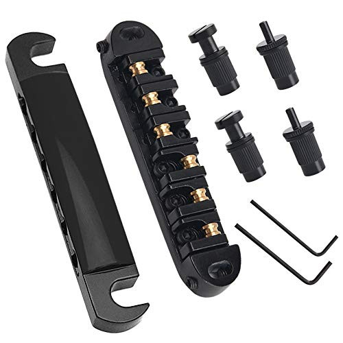 Facmogu 6 String Guitar Roller Saddle Bridge Bridge Tailpiece Kit With Studs  and  Wrench Electric Guitar Bridge Replacement - Black