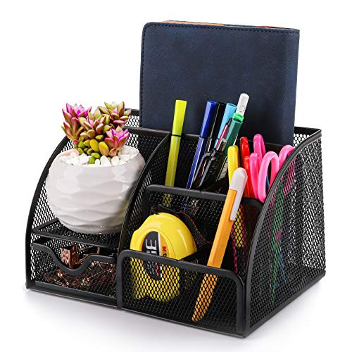Jucoan Black Mesh Desk Organizers with 6 Compartments and 1 Drawer Multi-Functional Office Supplies Storage and Organization Caddy Desktop Stationary Organizer Pen Holder for Home School Office