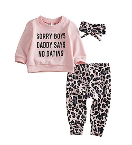 Newborn Baby Girls Clothes Daddy Saying Top Printed T-Shirt Leopard PantsHeadband Sweatshirt Outfit Set A-Daddy Says 3-4 Years