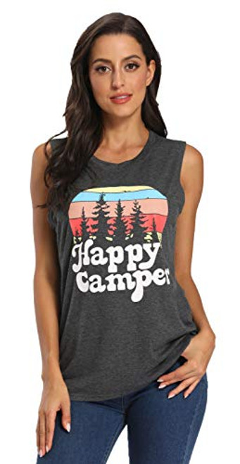 MYHALF Womens Happy Hiking Graphic Tank Tops Casual Camper Letter Printed Vest Vacation Sleeveless Shirt Gray