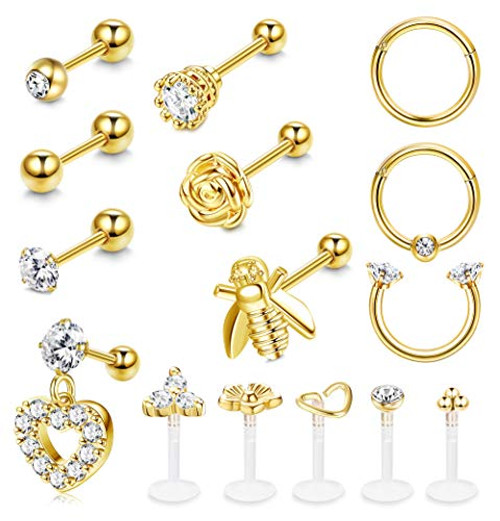 Thunaraz 15Pcs Tragus Earrings Ear Cartilage Earring Stud for Women Men Helix Conch Piercing CZ Barbell Stud 16G Ear Piercing Jewelry Stainless Steel Ear Studs