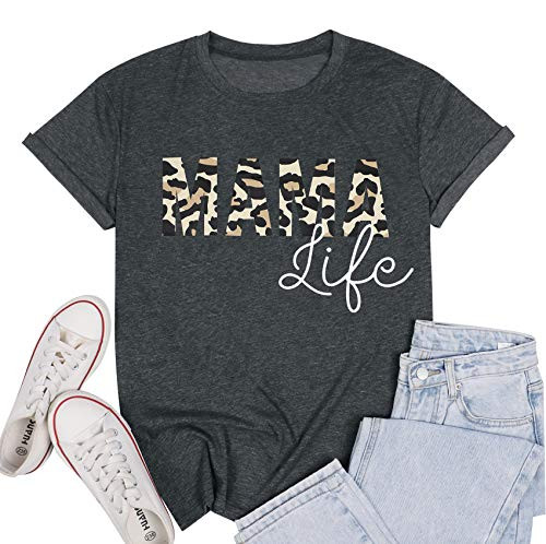 Mom Shirts for Women Funny Mama Life Saying Letter Print Tshirt Casual Short Sleeve Tee Tops Grey