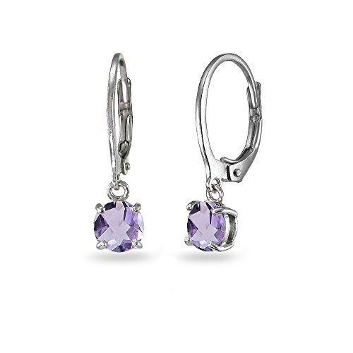 LOVVE Sterling Silver Amethyst 6mm Round Dangle Leverback Earrings