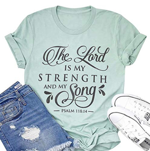 UNIQUEONE The Lord is My Strength and My Song T-Shirt Women Short Sleeve Letter Print Funny Casual Tee Blouse Blue