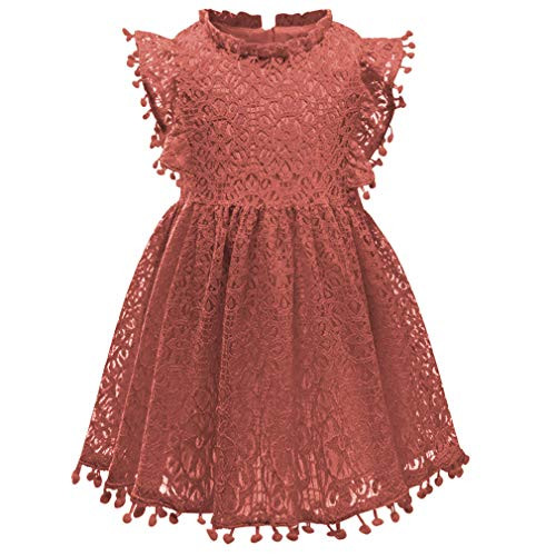 Csbks Toddler Girls Cute Pompoms Lace Floral Elegant Retro Swing Party Dress Reddish-Brown 100