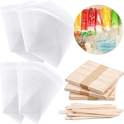 GiWuh Clear Ice Pop Plastic Bags and Wooden Popsicle Sticks for DIY Making Ice Cream Supplies Self Adhesive Treat Bags Leak Proof Popsicle Bags GiWuh Clear Ice Pop Plastic Bags and Wooden Popsicle Sticks for DIY Making Ice Cream Supplies Self Adhesive Treat Bags Leak Proof Popsicle Bags