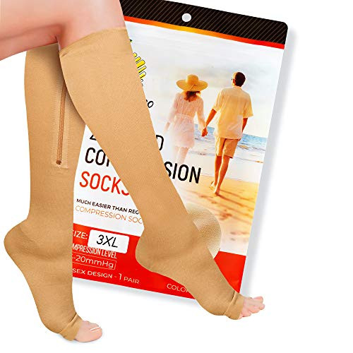 Zipper Compression Socks Pair with Zip Guard Skin Protection  and  Open Toe sizes Med to 6XL- 15-20mmHg Medical Compression Socks for Men  and  Women