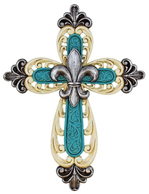 Ornate Fleur De Lis Layered Wall Cross Decorative Scrolly Details - Antique White  and  Teal with Silver Finials