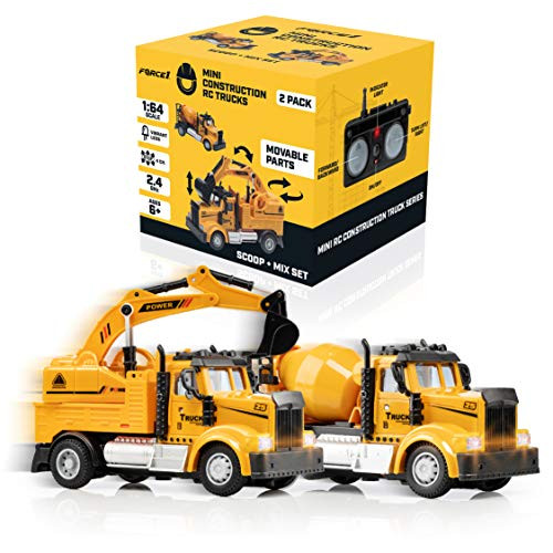Force1 Mini Construction RC Trucks for Kids - 2 Pack Remote Control Toy Trucks Set with Mini Scoop RC Truck Mini Cement Mixer Toy Truck 2_4GHz Remote Controls Bright LEDs and RC Toy Batteries