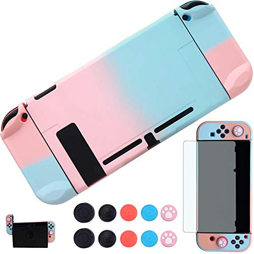 YOOWA Switch Dockable Case - Protective Dockable Cover Case for Nintendo Switch and Joy-con Controllers with Screen Protector and Thumb Grip Caps - Pink and Blue