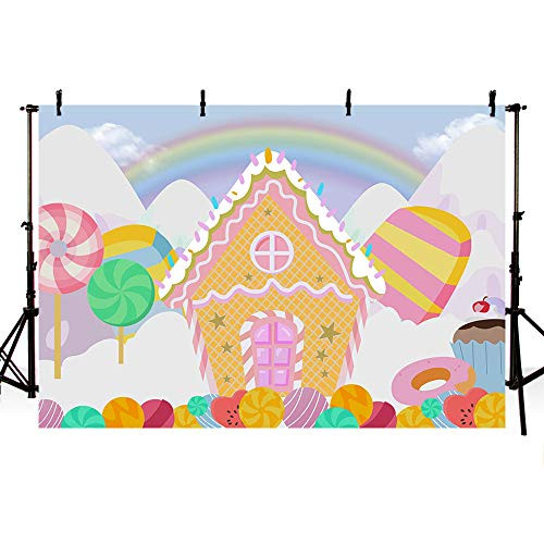 Mehofond Lollipops Candyland Backdrop Happy Birthday Party Decoration Backdrop Rainbow Pink Sweet Candy House Donut Cupcake Banner Photography Background Photo Studio Props Vinyl 7x5ft