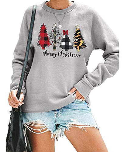 KIDDAD Merry Christmas Sweatshirt for Women Long Sleeve Drop Shoulder Ugly Christmas Tree Pullover Lightweight Shirt Top Grey