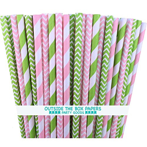 Outside the Box Papers Lime Green and Pink Chevron and Stripe Paper Straws 7.75 Inches 100 Pack Lime Green, Pink, White