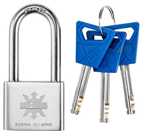 KAWAHA 1240KA 1-916 inch Keyed Alike Stainless Steel Long Shackle Heavy Duty Padlock with Key for both Indoor and Outdoor useSUS304 Stainless Steel Body  and  Shackle Anti-Rust High Security Padlock