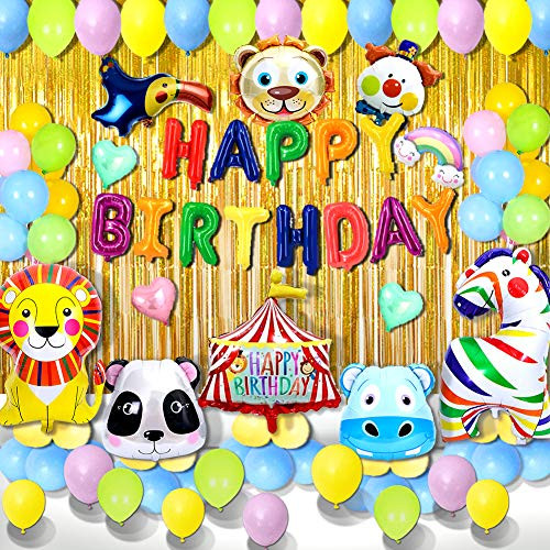 Circus Carnival Birthday Party Decorations Set Circus Animals Party Supplies for kids Birthday Baby Shower Include Clown Balloon Birthday Banner Gold Foil Curtain etc - Total 78Pcs