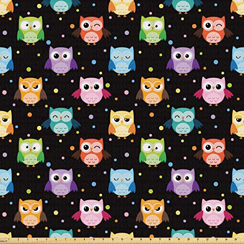 Ambesonne Owls Fabric by The Yard Colorful Birds with Different Expressions Funny Confused Serious Characters Dots Stretch Knit Fabric for Clothing Sewing and Arts Crafts 1 Yard Black