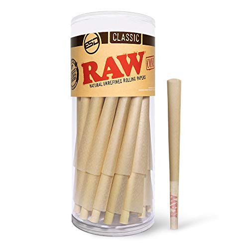RAW Cones Classic Lean Size  50 Pack  Natural Pre Rolled Rolling Paper with Tips  and  Packing Sticks Included