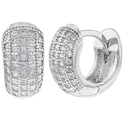 925 Sterling Silver Clear CZ Small Wide Huggie Hoop Earrings 0_31