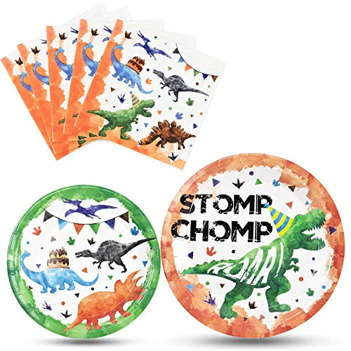 Watercolor Dinosaur Party Plates and Napkins - Dinosaur Birthday Party Supplies Bundles for Boys Kids Disposable Luncheon Dinner Dessert Cake Plates Napkins Tableware Set Serves 16 Guests 48 Pieces