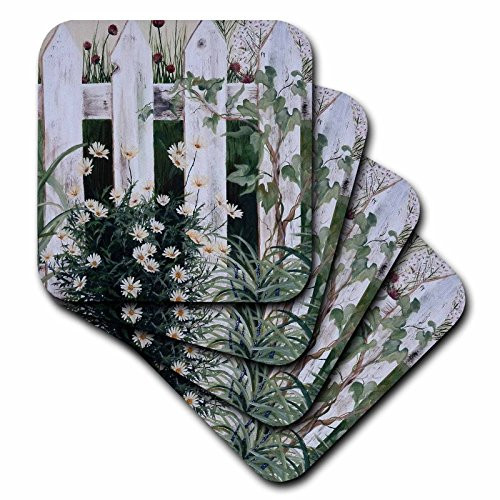 3dRose CST-44360-1 Weathered White Picket Garden Fence with Daisies and Vines-Soft Coasters Set of 4