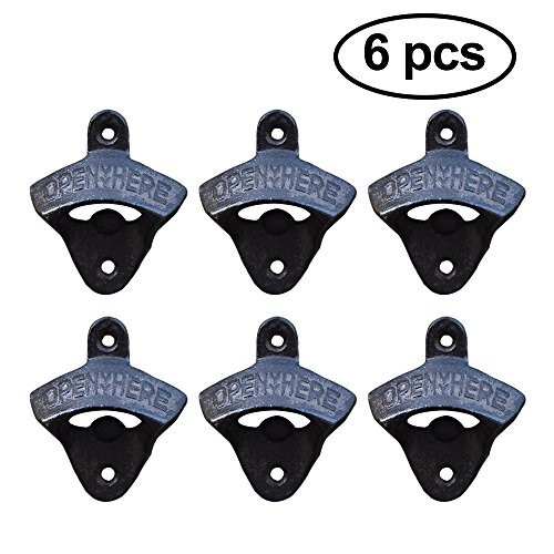 EasyBravo 6 Pack Wall Mounted Bottle Opener Open Here Cast Iron Vintage style Black Beer Opener