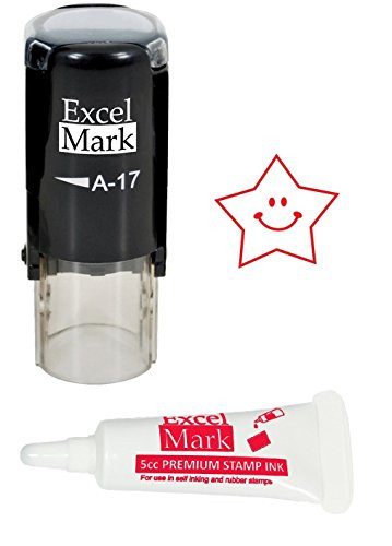 Round Teacher Stamp - Happy Star - RED Ink (Stamp Plus 5cc Refill Ink)