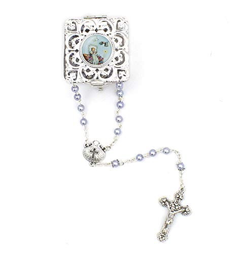 My First Rosary Baptism Rosary Gift Set for Baby Boy Includes Beautiful Silver Metal Filegree Hinged Rosary Box with Baptism Design and Light Blue Round Pearl Baptism Rosary Boy