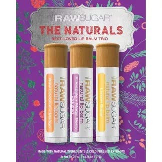 Raw Sugar The Naturals Best Loved Lip Balm Trio Gift Set Including Lemon Sugar Pineapple  Maqui Berry  Coconut and Raw Coconut  Mango Lip Balms