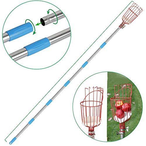 RAUVOLFIA Fruit Picker Tool 8- Foot Fruit Picker with Detachable Stainless Steel Pole Fruit Picking Equipment for Getting Fruits